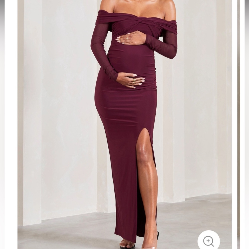 Elsie Burgundy Bardot Longsleeve Maternity Maxi Dress
Club L London